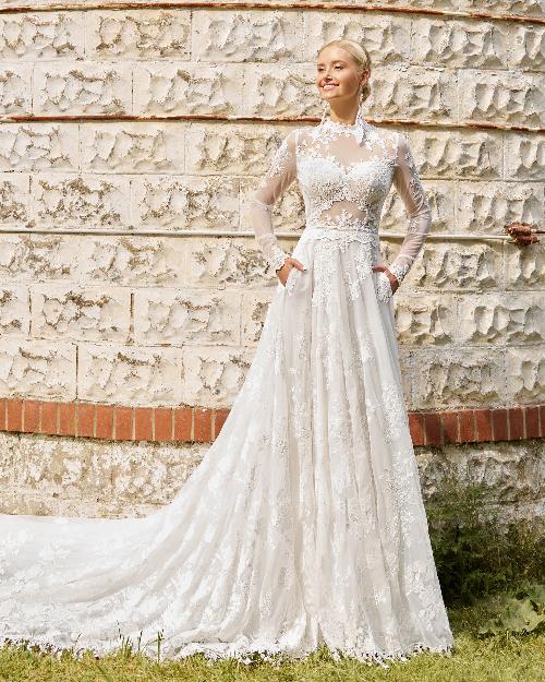 Lp2222 high neck long sleeve wedding dress with slit and low back1